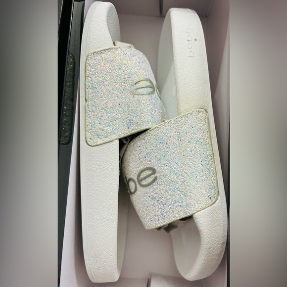 Bebe Fraida Slide Sandals White Sparkle Glitter Slides Size 6M New in Box - Picture 5 of 6